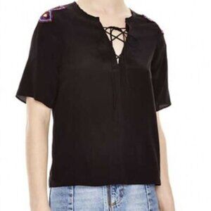 Sandro Paris Vibration Noir Silk Lace Up Blouse Size